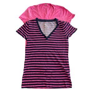 J. Crew V-neck T-Shirts Short Sleeve Hot Neon Pink Navy Blue Stripes XS Small